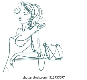 Vector stylish original hand-drawn graphics portrait with beautiful young attractive girl model for design. Fashion, style, beauty. Graphic, sketch drawing. Sexy woman
