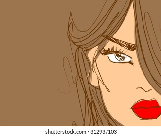 Vector stylish original hand-drawn graphics portrait with beautiful young attractive girl model for design. Fashion, style, beauty. Graphic, sketch drawing. Sexy woman
