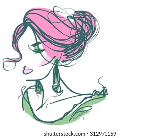Vector stylish original hand-drawn graphics portrait with beautiful young attractive girl model for design. Fashion, style, beauty. Graphic, sketch drawing. Sexy woman
