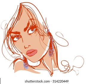 VECTOR 
stylish  original hand-drawn graphics portrait  with beautiful young attractive girl model for design. Fashion, style,    beauty . Graphic, sketch drawing. Sexy  woman
