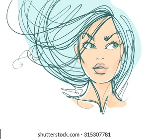 VECTOR 
stylish  original hand-drawn graphics portrait  with beautiful young attractive girl model for design. Fashion, style,    beauty . Graphic, sketch drawing. Sexy  woman

