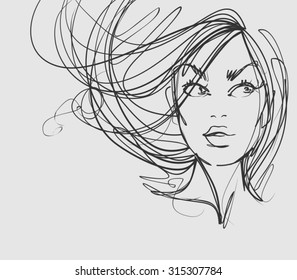 VECTOR 
stylish  original hand-drawn graphics portrait  with beautiful young attractive girl model for design. Fashion, style,    beauty . Graphic, sketch drawing. Sexy  woman
