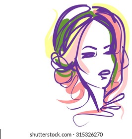 VECTOR 
stylish  original hand-drawn graphics portrait  with beautiful young attractive girl model for design. Fashion, style,    beauty . Graphic, sketch drawing. Sexy  woman
