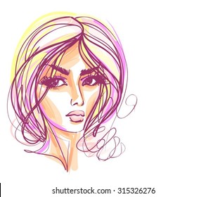 VECTOR 
stylish  original hand-drawn graphics portrait  with beautiful young attractive girl model for design. Fashion, style,    beauty . Graphic, sketch drawing. Sexy  woman
