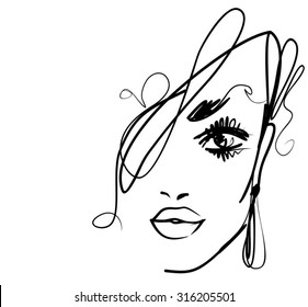 
VECTOR 
stylish  original hand-drawn graphics portrait  with beautiful young attractive girl model for design. Fashion, style,    beauty . Graphic, sketch drawing. Sexy  woman
