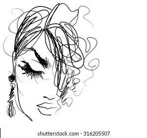 
VECTOR 
stylish  original hand-drawn graphics portrait  with beautiful young attractive girl model for design. Fashion, style,    beauty . Graphic, sketch drawing. Sexy  woman
