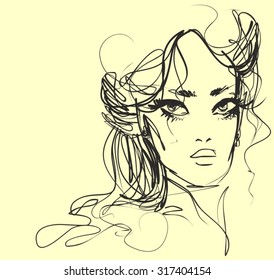 VECTOR 
stylish  original hand-drawn graphics portrait  with beautiful young attractive girl model for design. Fashion, style,    beauty . Graphic, sketch drawing. Sexy  woman

