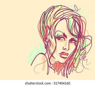 VECTOR 
stylish  original hand-drawn graphics portrait  with beautiful young attractive girl model for design. Fashion, style,    beauty . Graphic, sketch drawing. Sexy  woman
