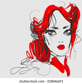 VECTOR stylish original hand-drawn graphics portrait  with beautiful young attractive girl model for design. Fashion, style, beauty . Graphic, sketch drawing. Sexy woman.