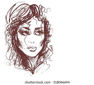 VECTOR stylish original hand-drawn graphics portrait  with beautiful young attractive girl model for design. Fashion, style, beauty . Graphic, sketch drawing. Sexy woman.
