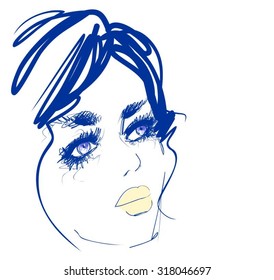 VECTOR stylish original hand-drawn graphics portrait  with beautiful young attractive girl model for design. Fashion, style, beauty . Graphic, sketch drawing. Sexy woman.