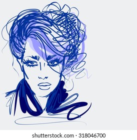 VECTOR stylish original hand-drawn graphics portrait  with beautiful young attractive girl model for design. Fashion, style, beauty . Graphic, sketch drawing. Sexy woman.