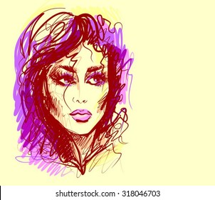 VECTOR stylish original hand-drawn graphics portrait  with beautiful young attractive girl model for design. Fashion, style, beauty . Graphic, sketch drawing. Sexy woman.