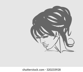 VECTOR  stylish  original hand-drawn graphics portrait  with beautiful young attractive girl model for design. Fashion, style,    beauty . Graphic, sketch drawing. 
