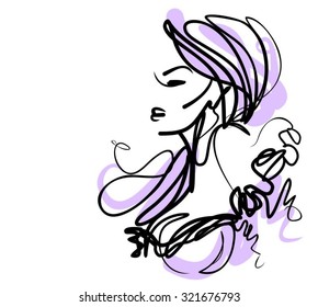 VECTOR stylish original hand-drawn graphics portrait  with beautiful young attractive girl model for design. Fashion, style, beauty. Graphic, sketch drawing.