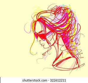 VECTOR 
stylish  original hand-drawn graphics portrait  with beautiful young attractive girl model for design. Fashion, style,    beauty . Graphic, sketch drawing. Sexy  woman
