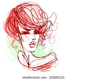 
VECTOR 
stylish  original hand-drawn graphics portrait  with beautiful young attractive girl model for design. Fashion, style,    beauty . Graphic, sketch drawing. Sexy  woman
