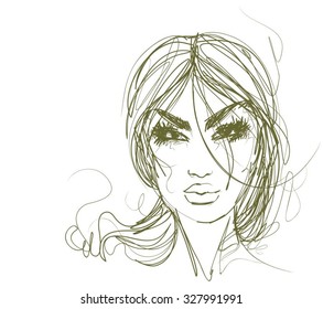 VECTOR 
stylish  original hand-drawn graphics portrait  with beautiful young attractive girl model for design. Fashion, style,    beauty . Graphic, sketch drawing. Sexy  woman
