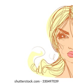 VECTOR 
stylish  original hand-drawn graphics portrait  with beautiful young attractive girl model for design. Fashion, style,    beauty . Graphic, sketch drawing. Sexy  woman