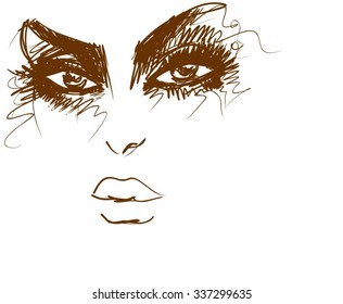 VECTOR  stylish  original hand-drawn graphics portrait  with beautiful young attractive girl model for design. Fashion, style,    beauty . Graphic, sketch drawing. Sexy  woman 