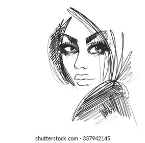  VECTOR 
stylish  original hand-drawn graphics portrait  with beautiful young attractive girl model for design. Fashion, style,    beauty . Graphic, sketch drawing. Sexy  woman