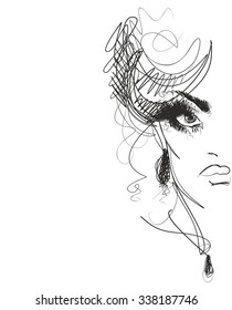 VECTOR  stylish  original hand-drawn graphics portrait  with beautiful young attractive girl model for design. Fashion, style,    beauty . Graphic, sketch drawing. Sexy  woman 