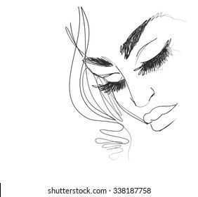 VECTOR  stylish  original hand-drawn graphics portrait  with beautiful young attractive girl model for design. Fashion, style,    beauty . Graphic, sketch drawing. Sexy  woman 