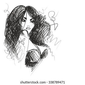 VECTOR 
stylish  original hand-drawn graphics portrait  with beautiful young attractive girl model for design. Fashion, style,    beauty . Graphic, sketch drawing. Sexy  woman
