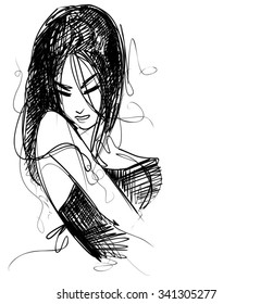 VECTOR 
stylish  original hand-drawn graphics portrait  with beautiful young attractive girl model for design. Fashion, style,    beauty . Graphic, sketch drawing. Sexy  woman