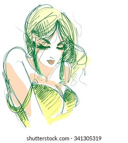VECTOR 
stylish  original hand-drawn graphics portrait  with beautiful young attractive girl model for design. Fashion, style,    beauty . Graphic, sketch drawing. Sexy  woman