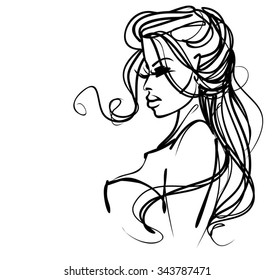 VECTOR stylish  original hand-drawn graphics portrait with beautiful young attractive girl model for design. Fashion, style, beauty. Graphic, sketch drawing. Sexy woman
