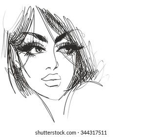 VECTOR 
stylish  original hand-drawn graphics portrait  with beautiful young attractive girl model for design. Fashion, style,    beauty . Graphic, sketch drawing. Sexy  woman
