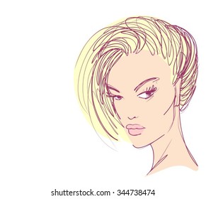 VECTOR 
stylish  original hand-drawn graphics portrait  with beautiful young attractive girl model for design. Fashion, style,    beauty . Graphic, sketch drawing. Sexy  woman
