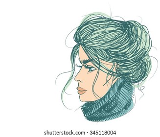 VECTOR 
stylish  original hand-drawn graphics portrait  with beautiful young attractive girl model for design. Fashion, style,    beauty . Graphic, sketch drawing. Sexy  woman
