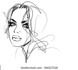 VECTOR  stylish  original hand-drawn graphics portrait  with beautiful young attractive girl model for design. Fashion, style,    beauty . Graphic, sketch drawing. Sexy  woman 