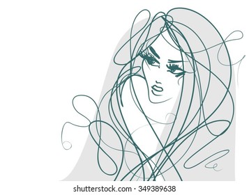 VECTOR 
stylish  original hand-drawn graphics portrait  with beautiful young attractive girl model for design. Fashion, style,    beauty . Graphic, sketch drawing. Sexy  woman

