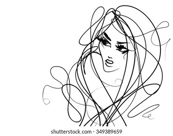 VECTOR 
stylish  original hand-drawn graphics portrait  with beautiful young attractive girl model for design. Fashion, style,    beauty . Graphic, sketch drawing. Sexy  woman
