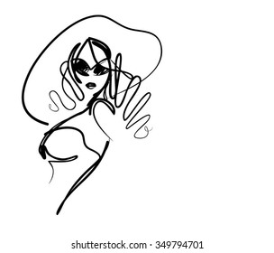 VECTOR 
stylish  original hand-drawn graphics portrait  with beautiful young attractive girl model for design. Fashion, style,    beauty . Graphic, sketch drawing. Sexy  woman
