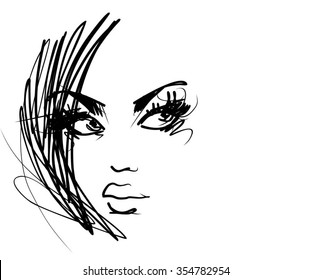 VECTOR 
stylish  original hand-drawn graphics portrait  with beautiful young attractive girl model for design. Fashion, style,    beauty . Graphic, sketch drawing. Sexy  woman
