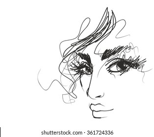 VECTOR 
stylish original hand-drawn graphics portrait with beautiful young attractive girl model for design. Fashion, style, beauty. Graphic, sketch drawing. Sexy  woman
