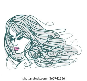VECTOR 
stylish  original hand-drawn graphics portrait  with beautiful young attractive girl model for design. Fashion, style,    beauty . Graphic, sketch drawing. Sexy  woman

