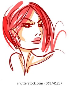 VECTOR 
stylish  original hand-drawn graphics portrait  with beautiful young attractive girl model for design. Fashion, style,    beauty . Graphic, sketch drawing. Sexy  woman

