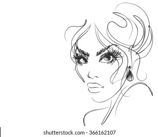 VECTOR 
stylish  original hand-drawn graphics portrait  with beautiful young attractive girl model for design.