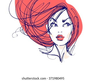 VECTOR 
Retrato de gráficos originales dibujados a mano con hermoso modelo de niña joven y atractiva para el diseño. Moda, estilo,    belleza. Gráfico, dibujo. Mujer sexy
