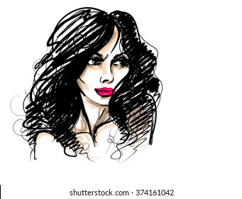 VECTOR 
stylish  original hand-drawn graphics portrait  with beautiful young attractive girl model for design. Fashion, style,    beauty . Graphic, sketch drawing. Sexy  woman
