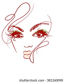VECTOR  stylish  original hand-drawn graphics portrait  with beautiful young attractive girl model for design. Fashion, style,    beauty . Graphic, sketch drawing. Sexy  woman 