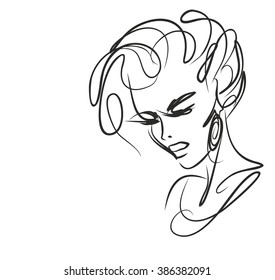 VECTOR  stylish  original hand-drawn graphics portrait  with beautiful young attractive girl model for design. Fashion, style,    beauty . Graphic, sketch drawing. Sexy  woman 