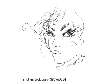 VECTOR stylish  original hand-drawn graphics portrait  with beautiful young attractive girl model for design. Fashion, style,    beauty . Graphic, sketch drawing. Sexy  woman
