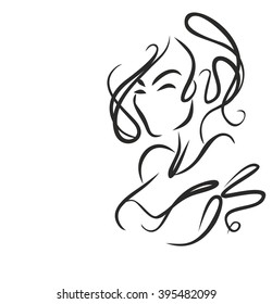 VECTOR stylish  original hand-drawn graphics portrait  with beautiful young attractive girl model for design. Fashion, style,    beauty . Graphic, sketch drawing. Sexy  woman

