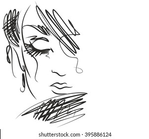 VECTOR 
stylish  original hand-drawn graphics portrait  with beautiful young attractive girl model for design. Fashion, style,    beauty . Graphic, sketch drawing. Sexy  woman

